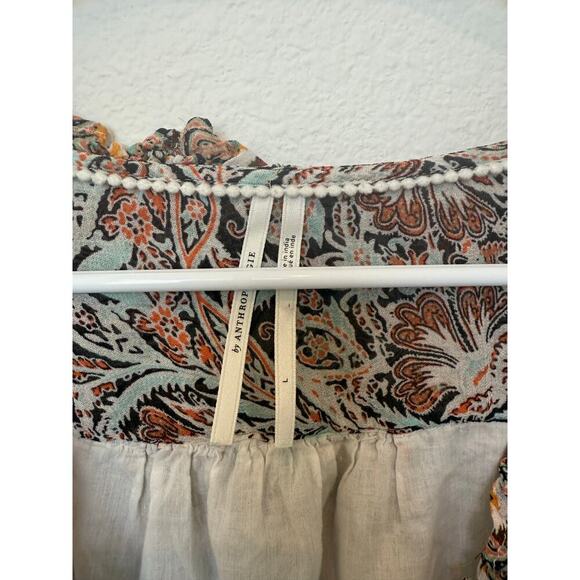 by‎ Anthropologie Printed Paisley Ruffle Blouse V Neck Large - Picture 3 of 8